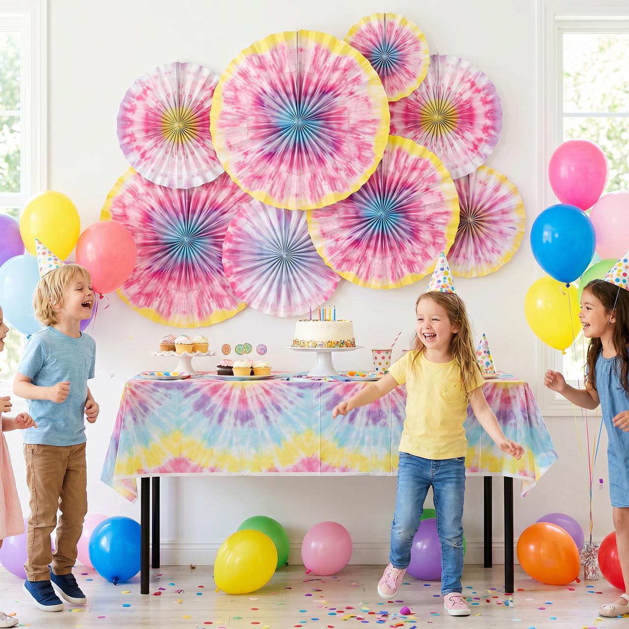 Bulk Tie Dye Party Paper Fans (18 per Case)