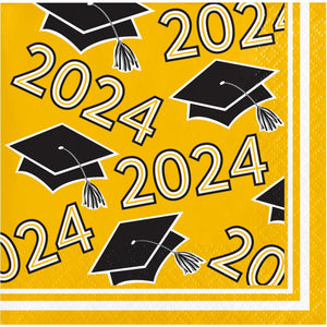 360ct Class of 2024 Yellow 2-Ply Graduation Beverage Napkins