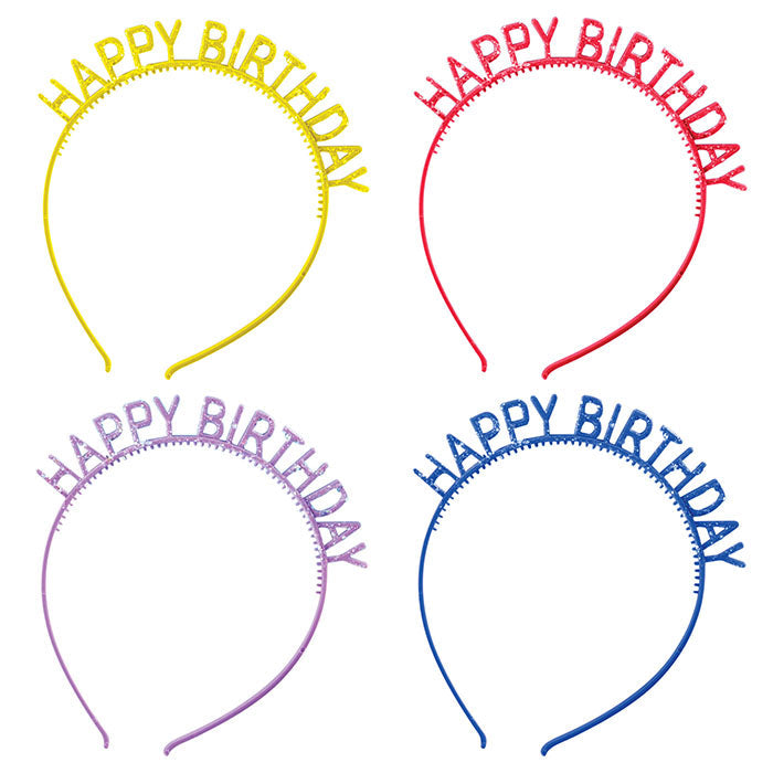 48ct Bulk Assorted Colors Happy Birthday Headbands with Glitter
