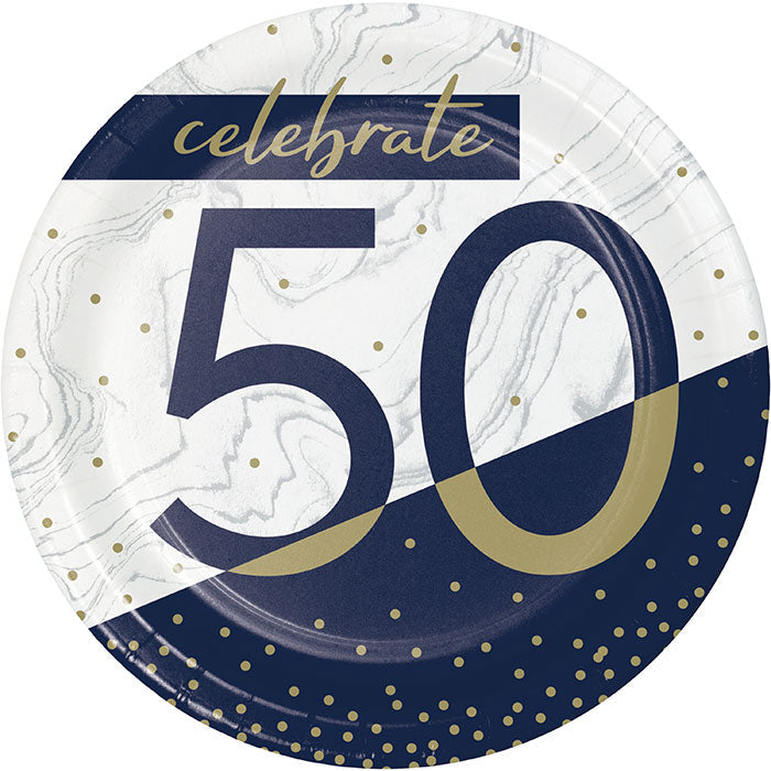 96ct Bulk Navy and Gold 50th Birthday Dessert Plates
