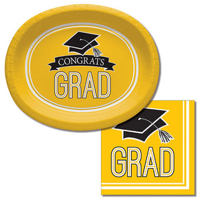 Graduation School Spirit Yellow Oval Platters, 10" X 12", 8 ct Party Supplies