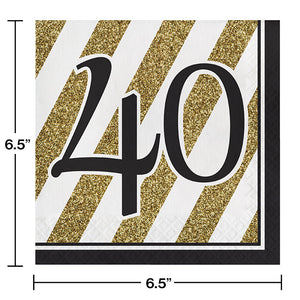 Black And Gold 40th Birthday Napkins, 16 ct Party Decoration