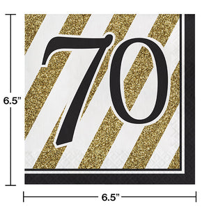 Black And Gold 70th Birthday Napkins, 16 ct Party Decoration