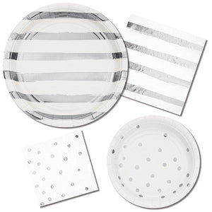 White And Silver Foil Striped Paper Plates, 8 ct Party Supplies