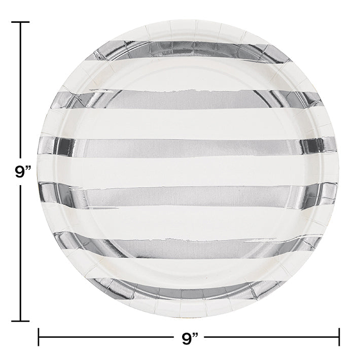 Bulk 96ct White and Silver Foil Striped 8.75 inch Dinner Plates 