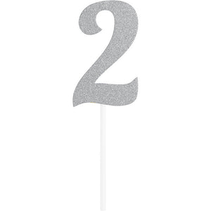 12ct Bulk Number 2 Silver Glitter Cake Toppers