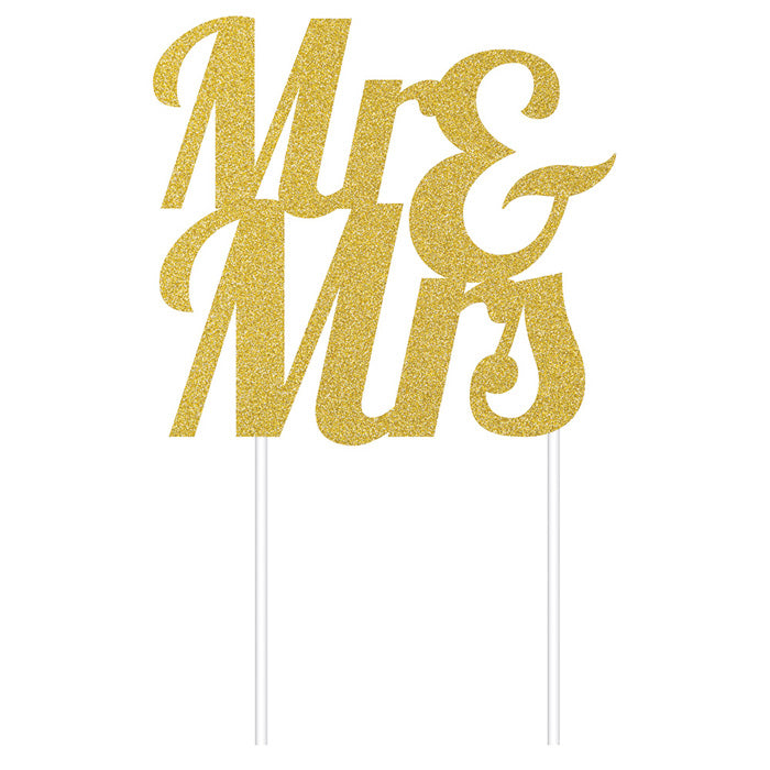 12ct Bulk Gold Glitter Mr & Mrs Cake Toppers