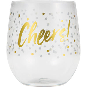 "Cheers" Plastic Stemless Wine Glass By Elise by Creative Converting