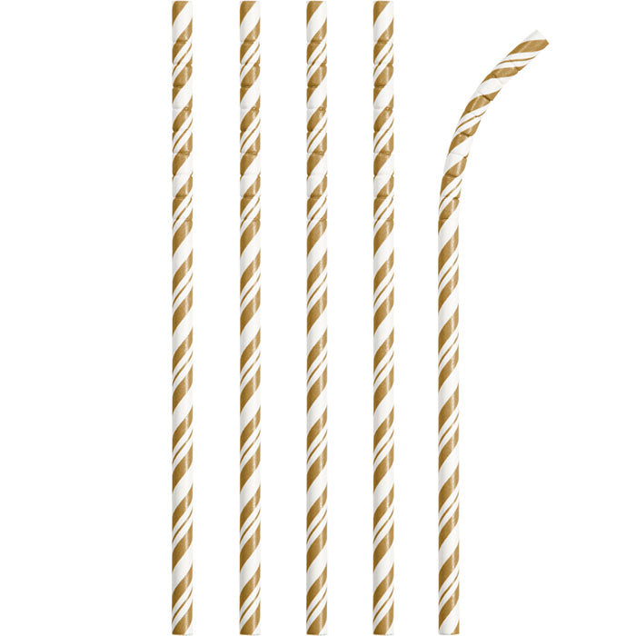 144ct Bulk Gold and White Striped Flex Paper Straws