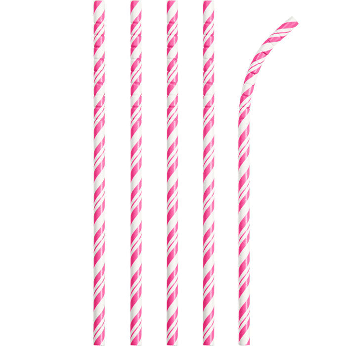 Bulk 144ct Candy Pink and White Striped Flex Paper Straws 