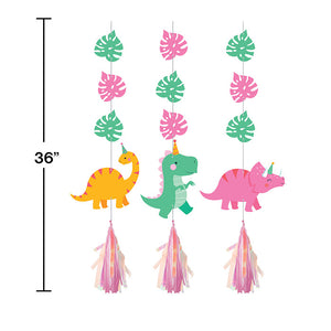 Girl Dino Party Hanging Cutouts W/ Tassles, Iridescent 3ct Party Decoration