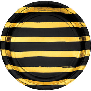 Bulk 96ct Black and Gold Foil Striped 8.75 inch Dinner Plates 