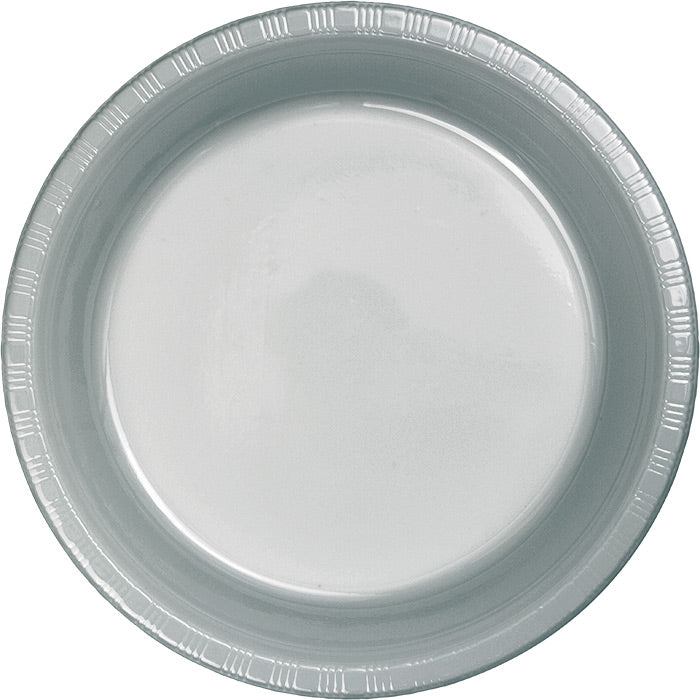 Bulk 240ct Shimmering Silver Plastic Banquet Plates 10.25 inch 
