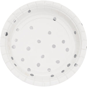 Bulk 96ct White and Silver Foil Dot Dessert Plates 