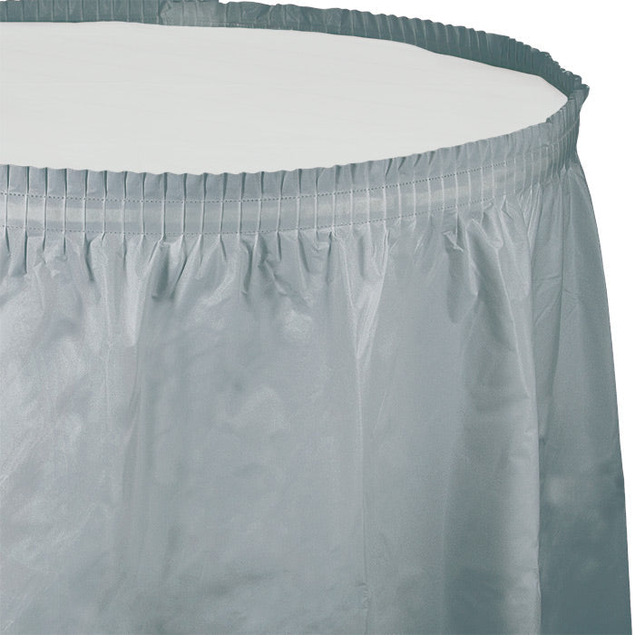 Bulk 6ct Shimmering Silver Plastic Tableskirt 29 inch x 14 ft 